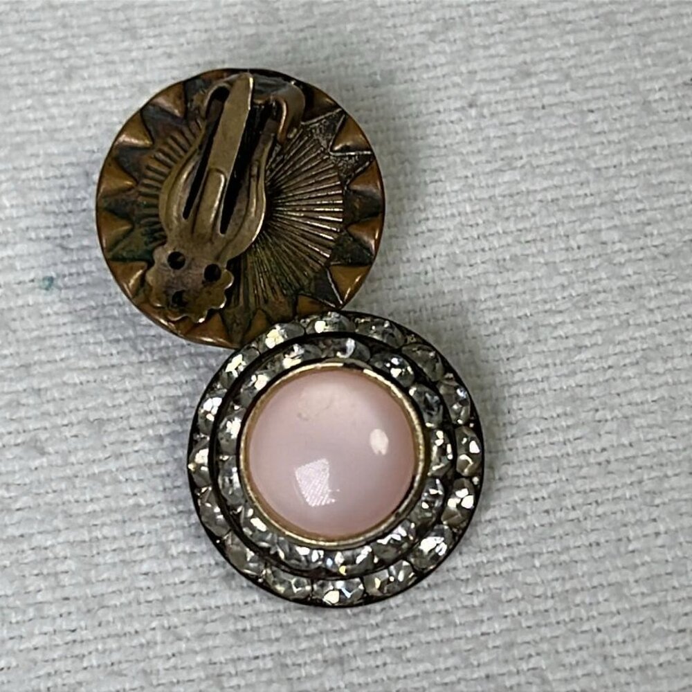 Vintage‎ Pink Cabochon Clip On Earrings w/ Rhinestones MCM Jackie O Style Subtle View 3